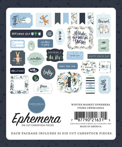 Winter Market Ephemera Die Cut Cardstock Pack.  Pack includes 33 different die-cut shapes ready to embellish any project.