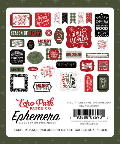Christmas Salutations Ephemera Die Cut Cardstock Pack includes 33 different die-cut shapes ready to embellish any project.