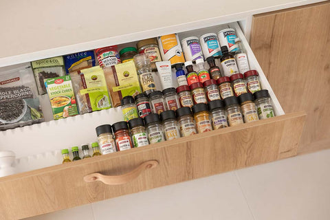 White Salsa Pro Spice Drawer Insert to organise spice jars in kitchen drawer