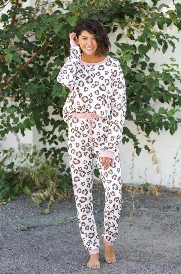 a pink animal print lounge set
