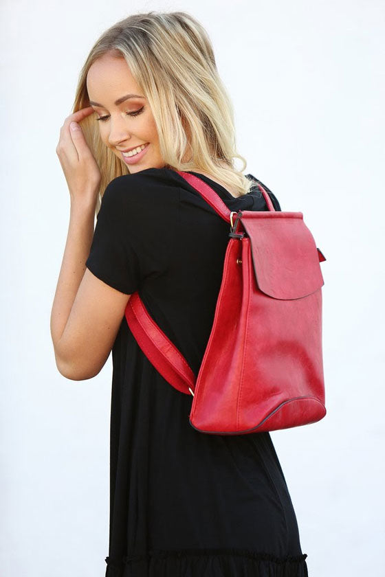 a bright red backpack