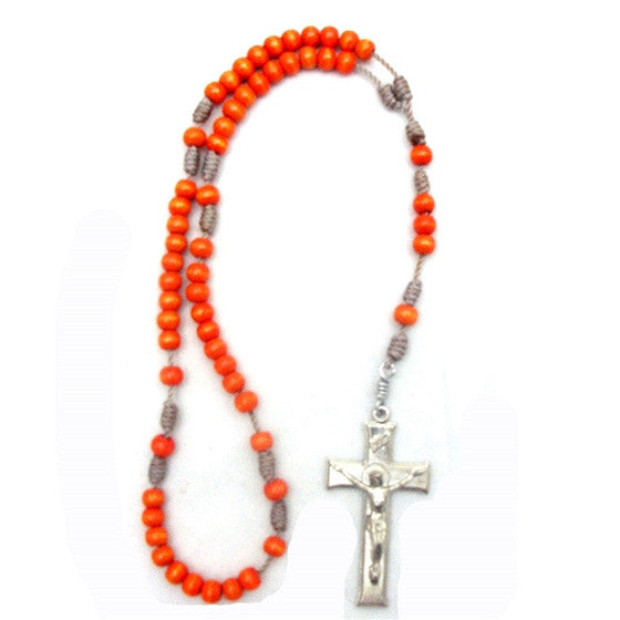 Orange Wood Bead Rosary Mary Immaculate Queen Center