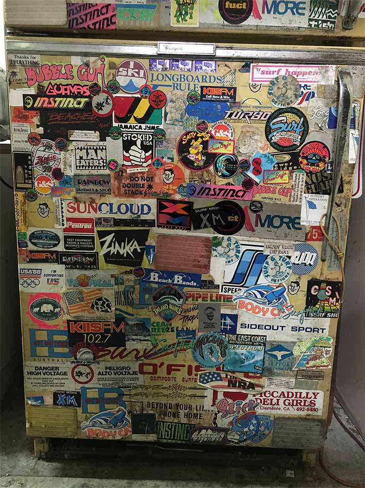 XM SURF MORE Fridge with Classic Surf Stickers from Back In The Day