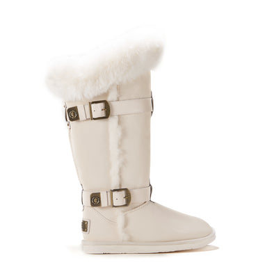 Below knee height sheepskin lined ugg style boot with a twist