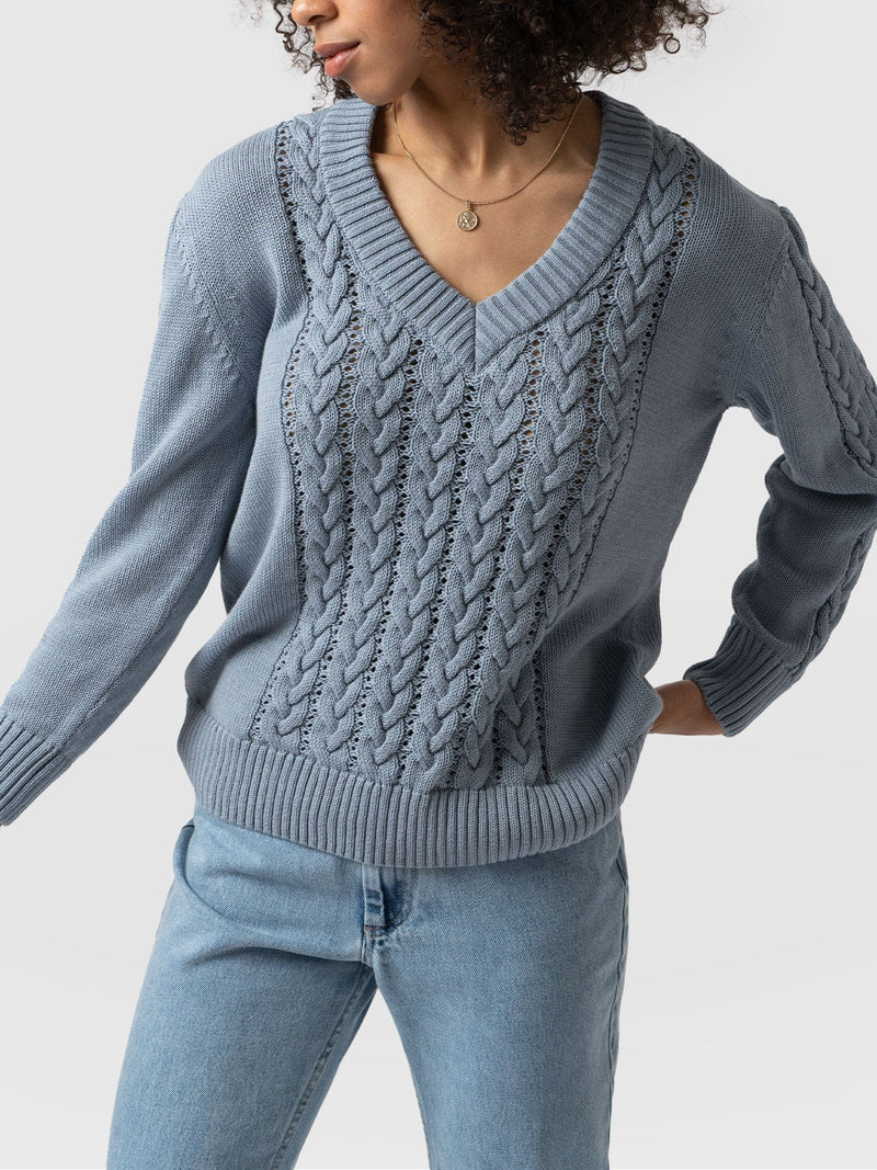 Cotton Cable Knit Sweater Pale Blue - Women's sweaters | Saint + Sofia® USA