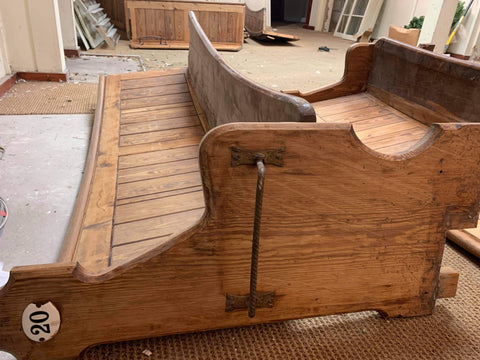 Some reclaimed church pews that will be converted into booths for the café