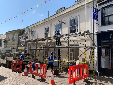 The team at AA Scaffolding erecting the Scaffolding outside the Pydar Street games café project in Truro, Cornwall.