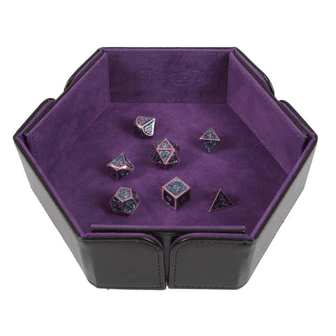 Hex Magnetic Folding Dice Tray: Faux Black Dragon Hide – Has the look and feel reminiscent of real wyrm skin.