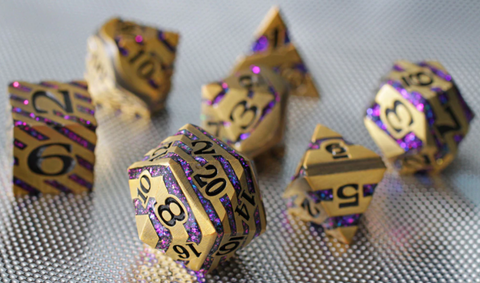 Forged Gaming Gnomish Riches Gold and Blue-Purple mica glitter metal DnD dice set