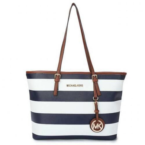 michael kors blue and white striped jet set tote