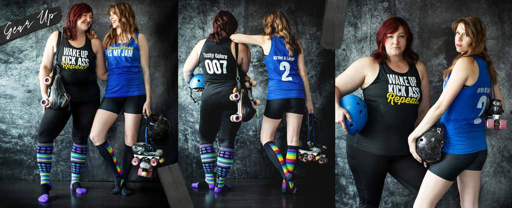 Tank tops, scrimmage jerseys and cropped hoodies for roller derby players.