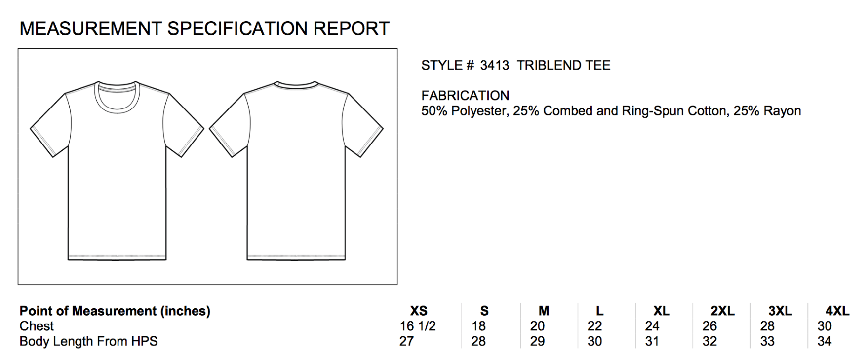 Size chart for triblend tee shirts