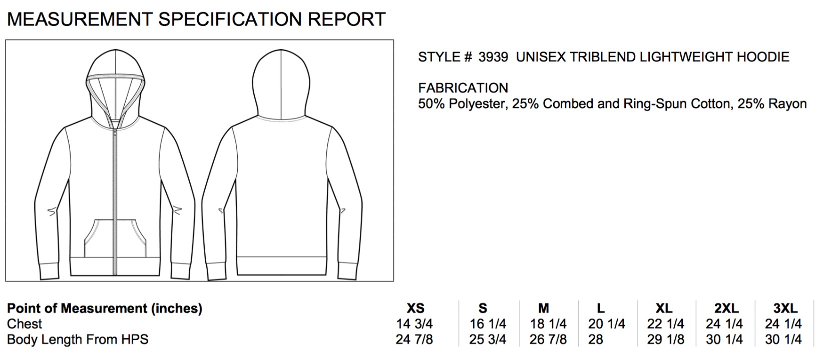 Size chart for lightweight hoodies