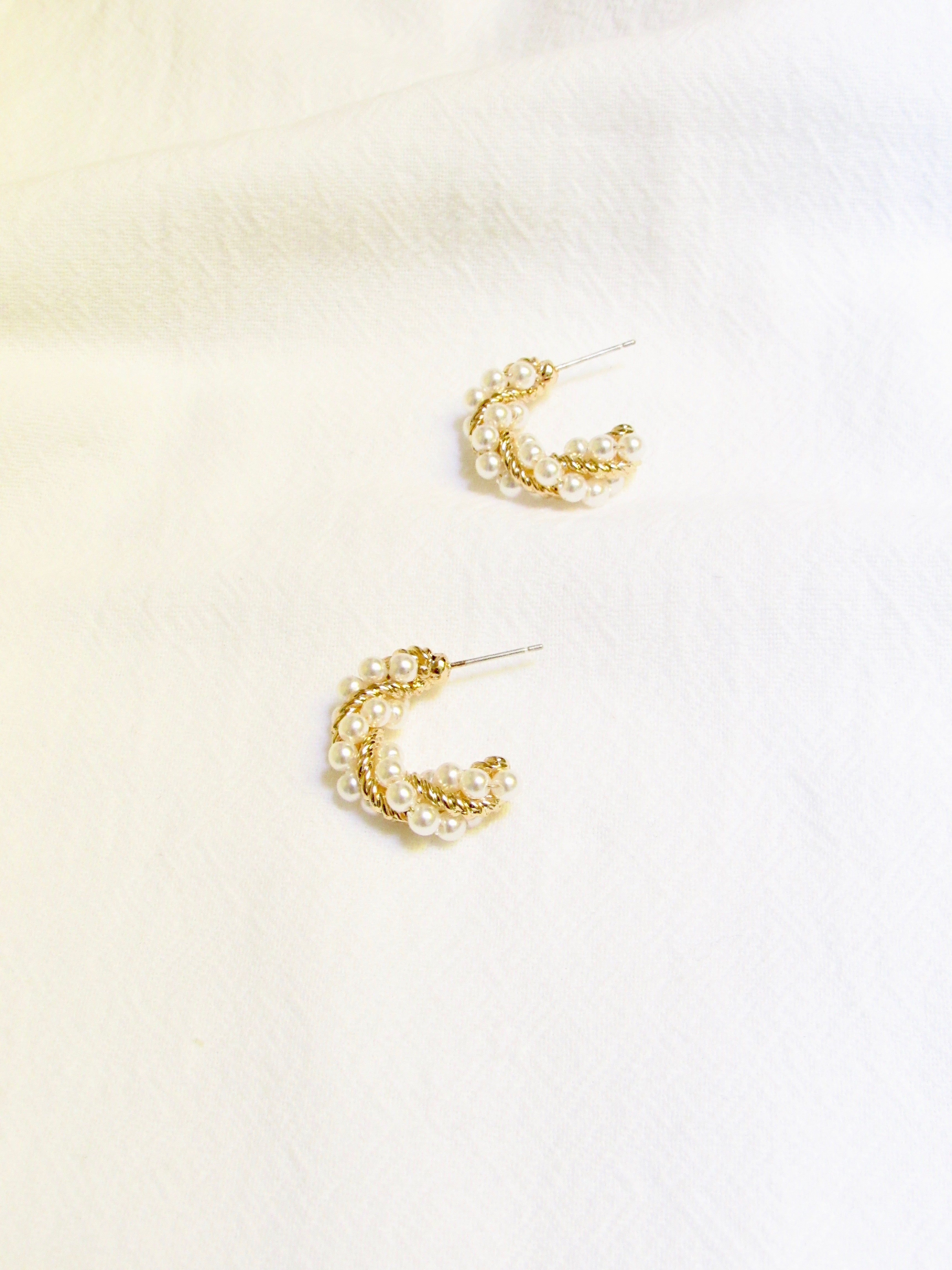 Twisted Pearl Beads Gold Half Hoop Earrings