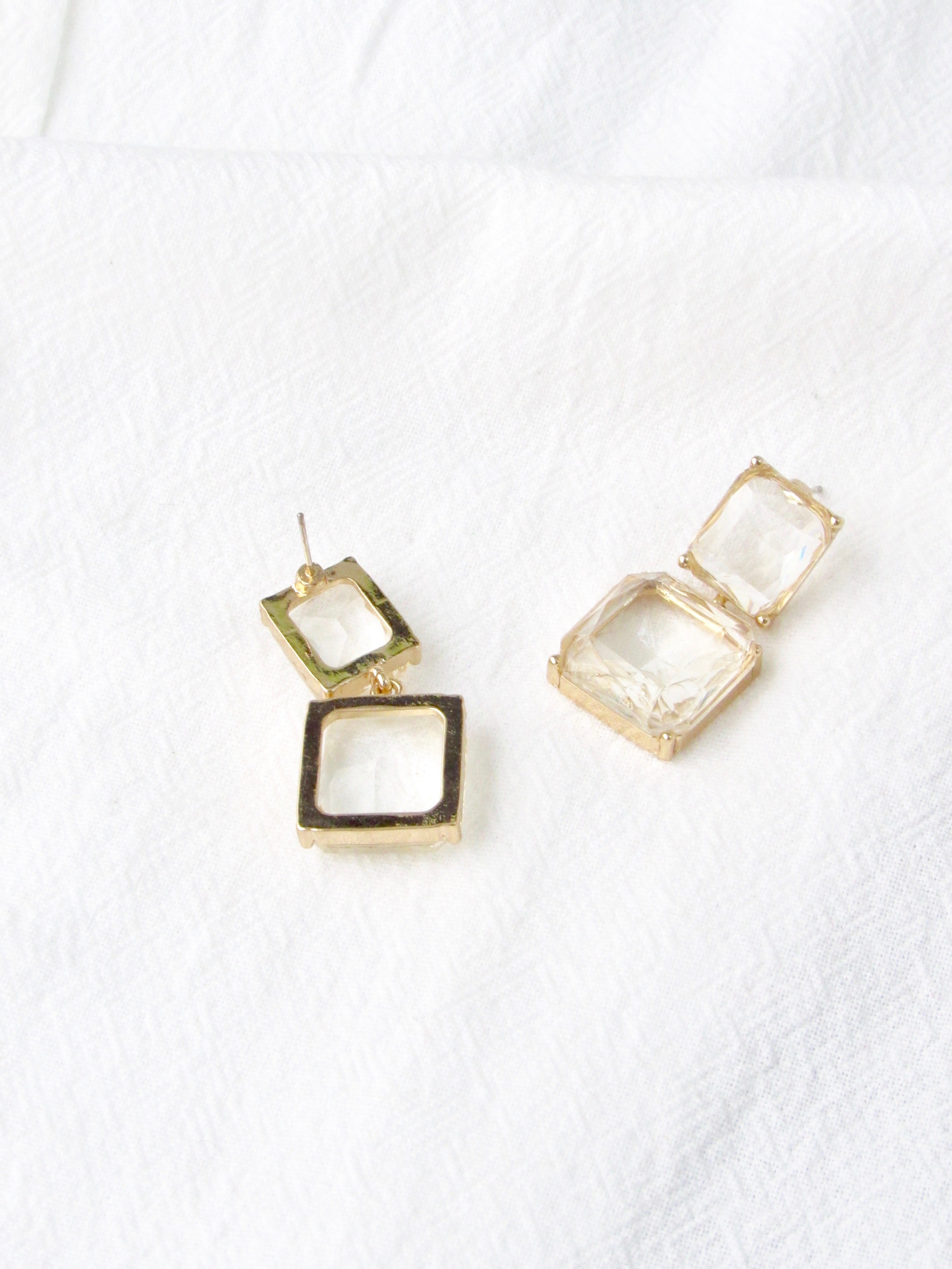 Double Square Clear Glass Gold Dangle Earrings