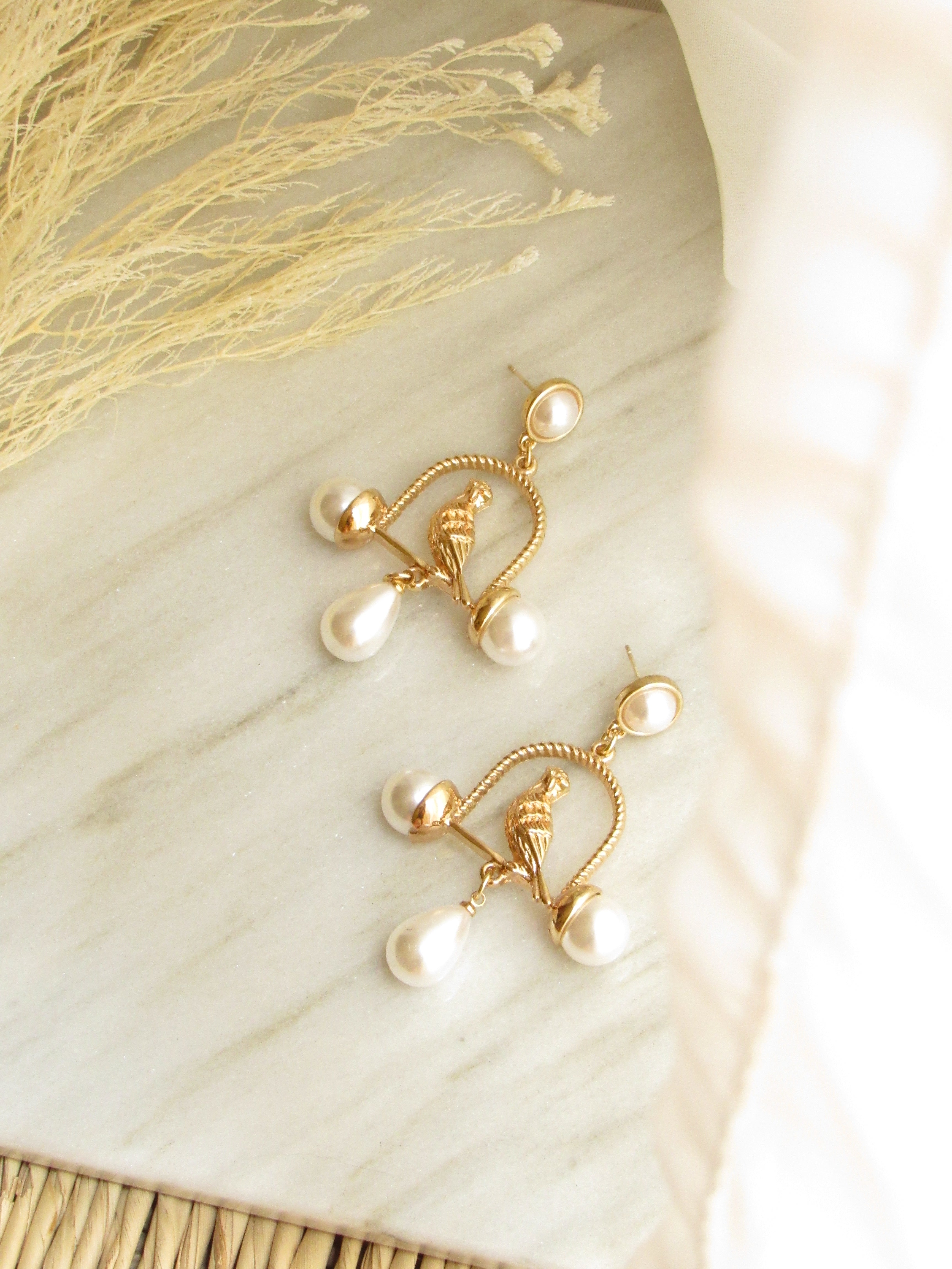 Bird Teardrop Beads Gold Dangle Earrings