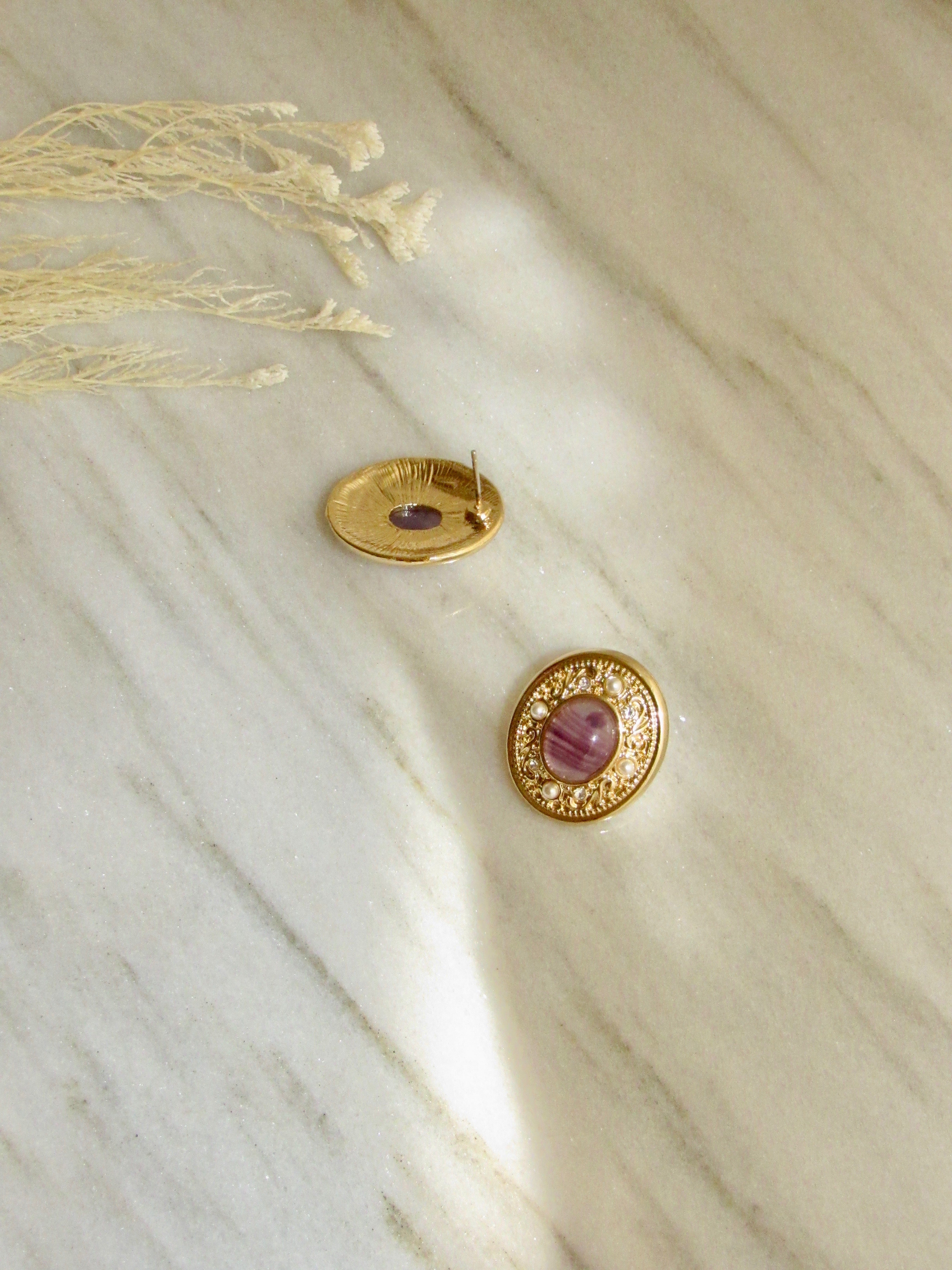 Oval Purple Gemstone Pearl Gold Statement Earrings