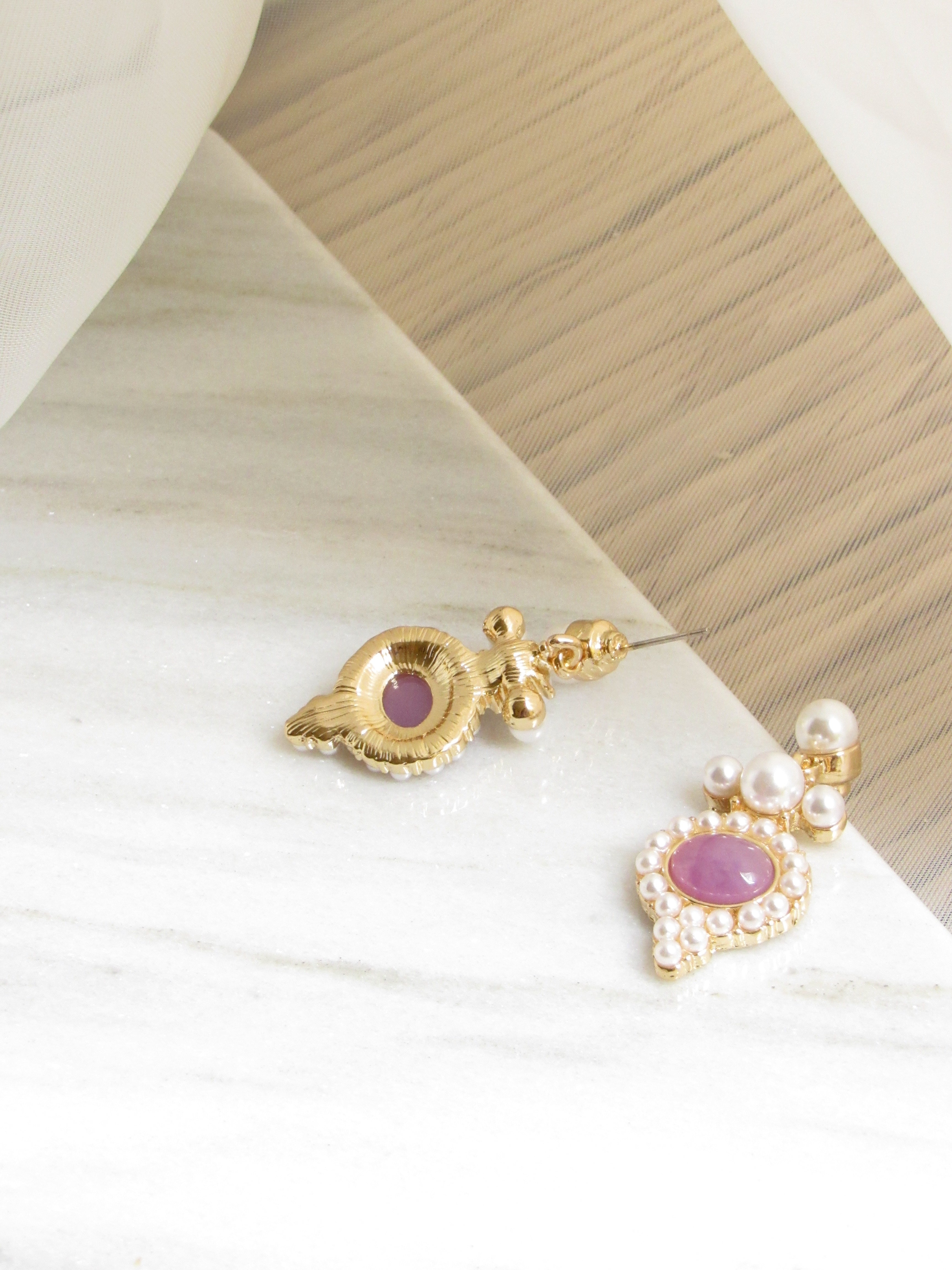 Oval Purple Gemstone Pearl Beads Gold Dangle Earrings