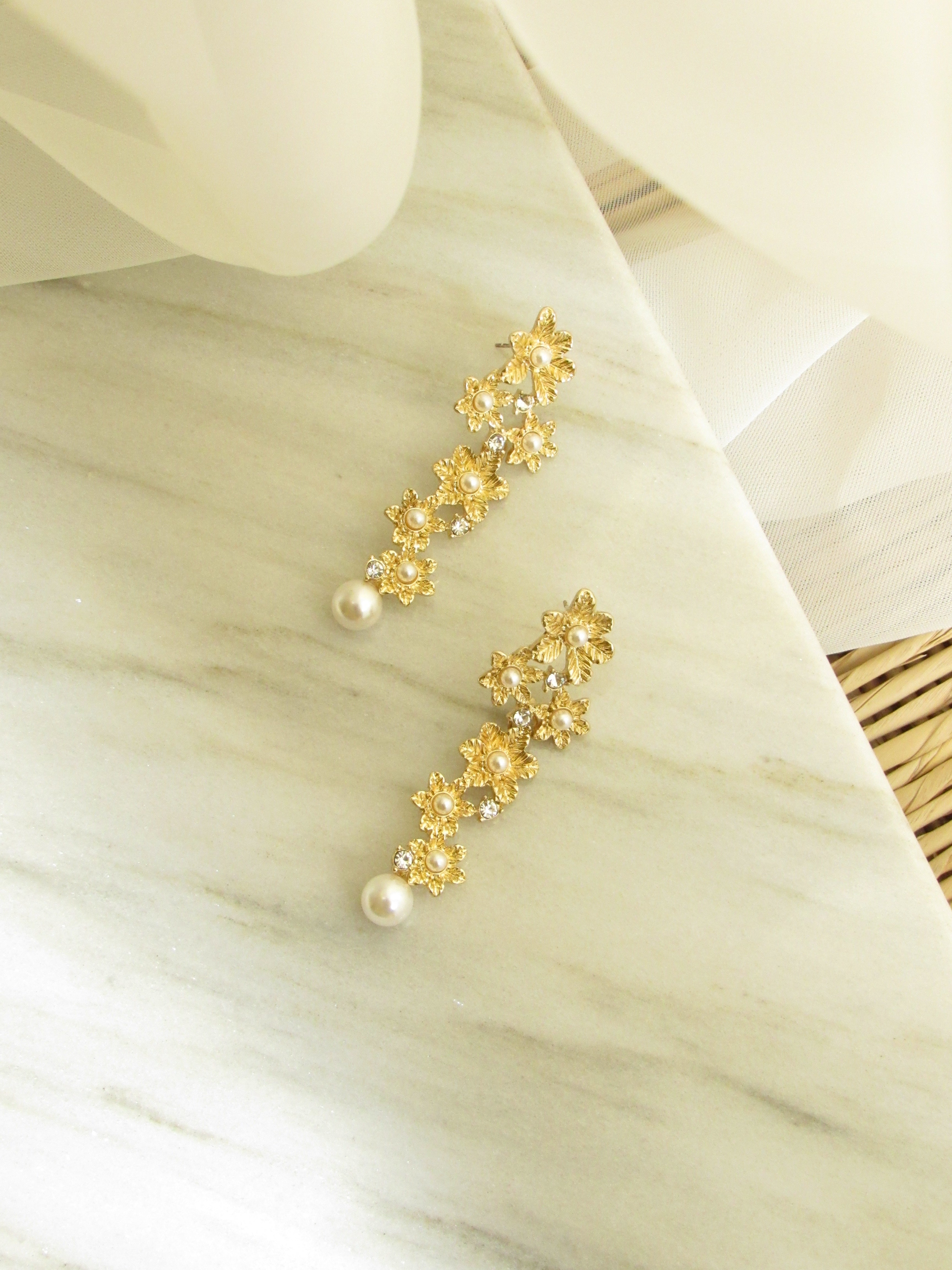 Floral Bunch Pearl Gold Long Dangle Earrings