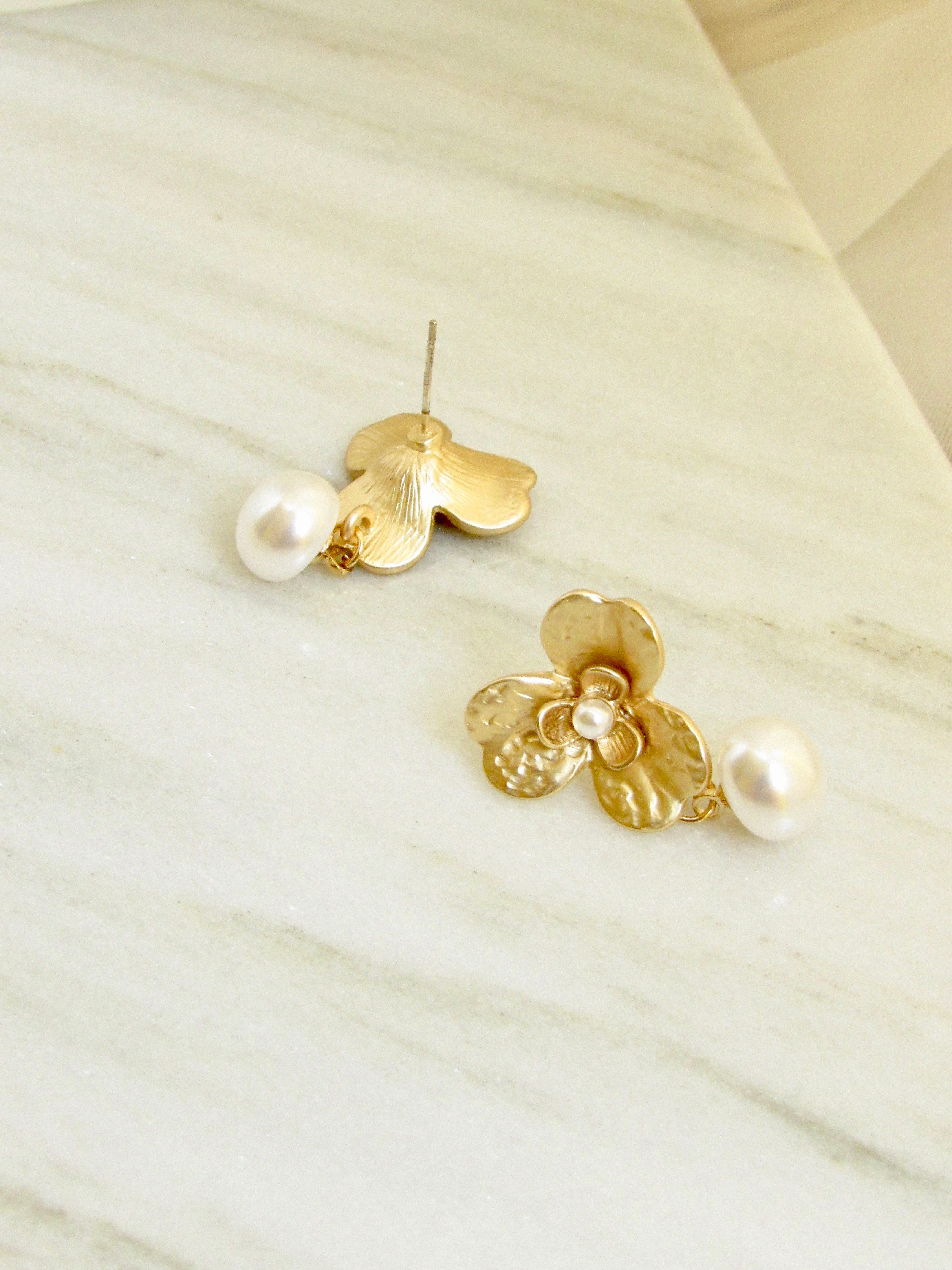 Floral Pearl Bead Gold Dangle Earrings