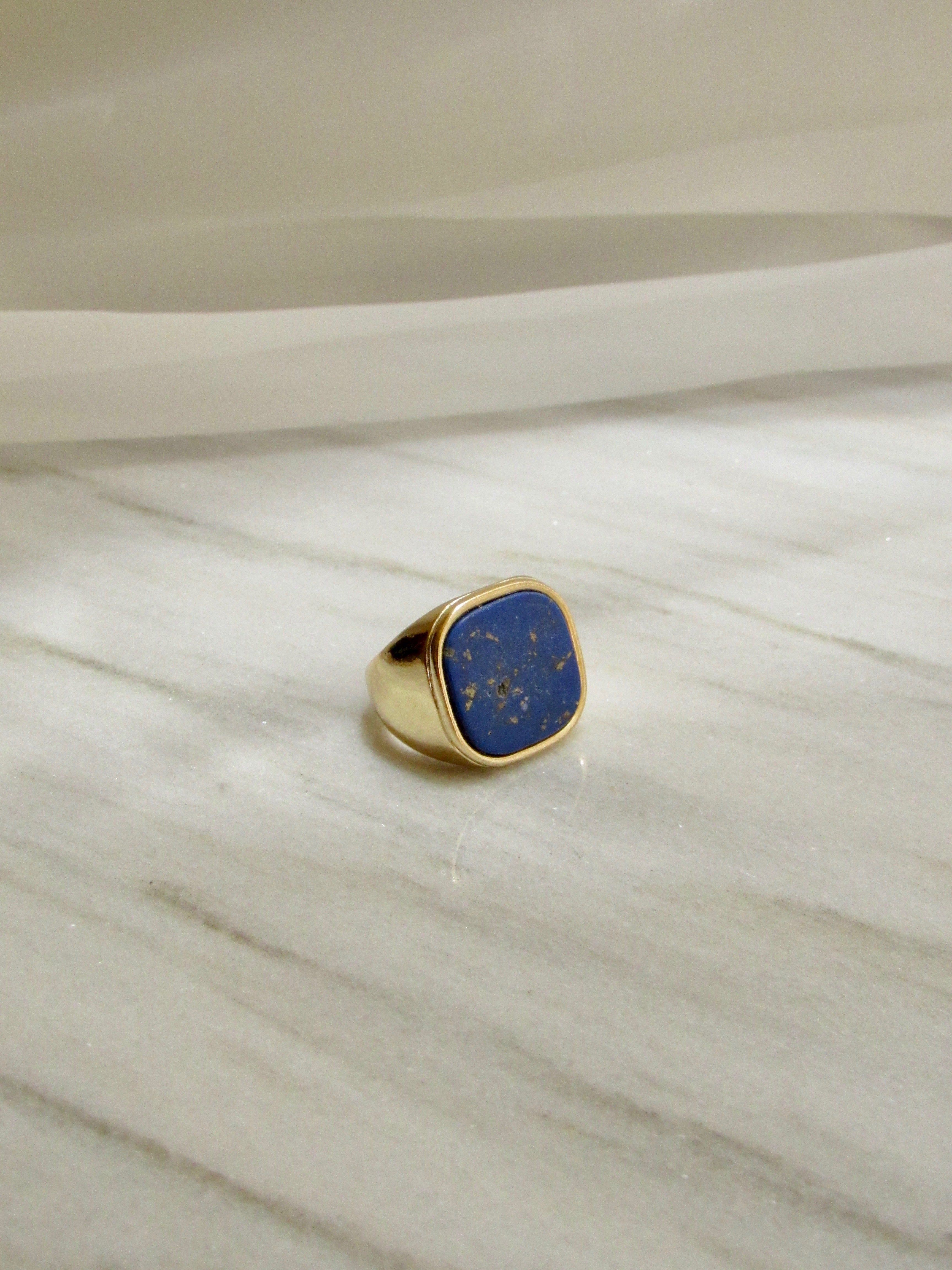 Rounded Square Blue Gemstone Gold Signet Ring