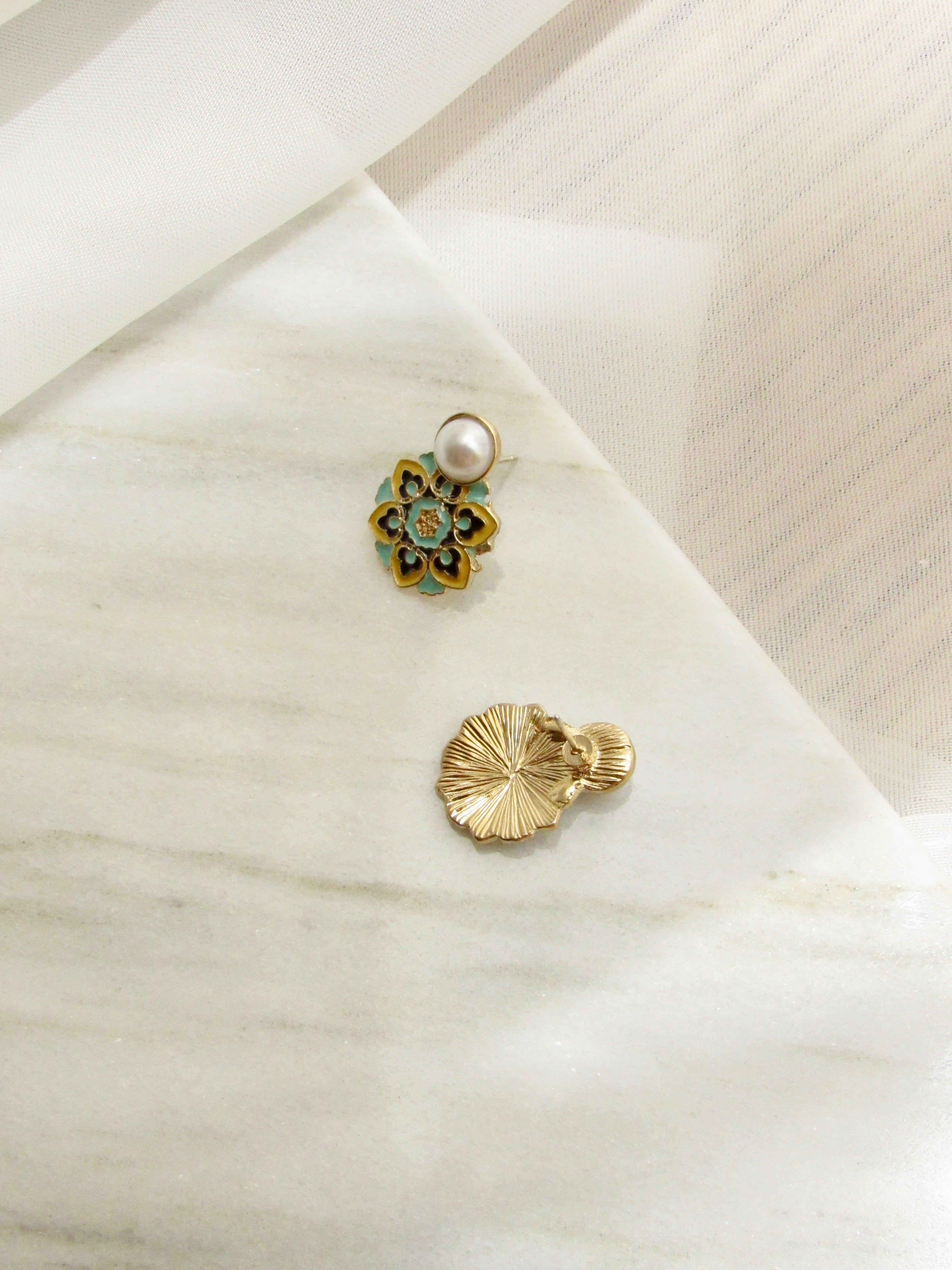 Ethnic Floral Multicolor Enamel Pearl Gold Stud Earrings