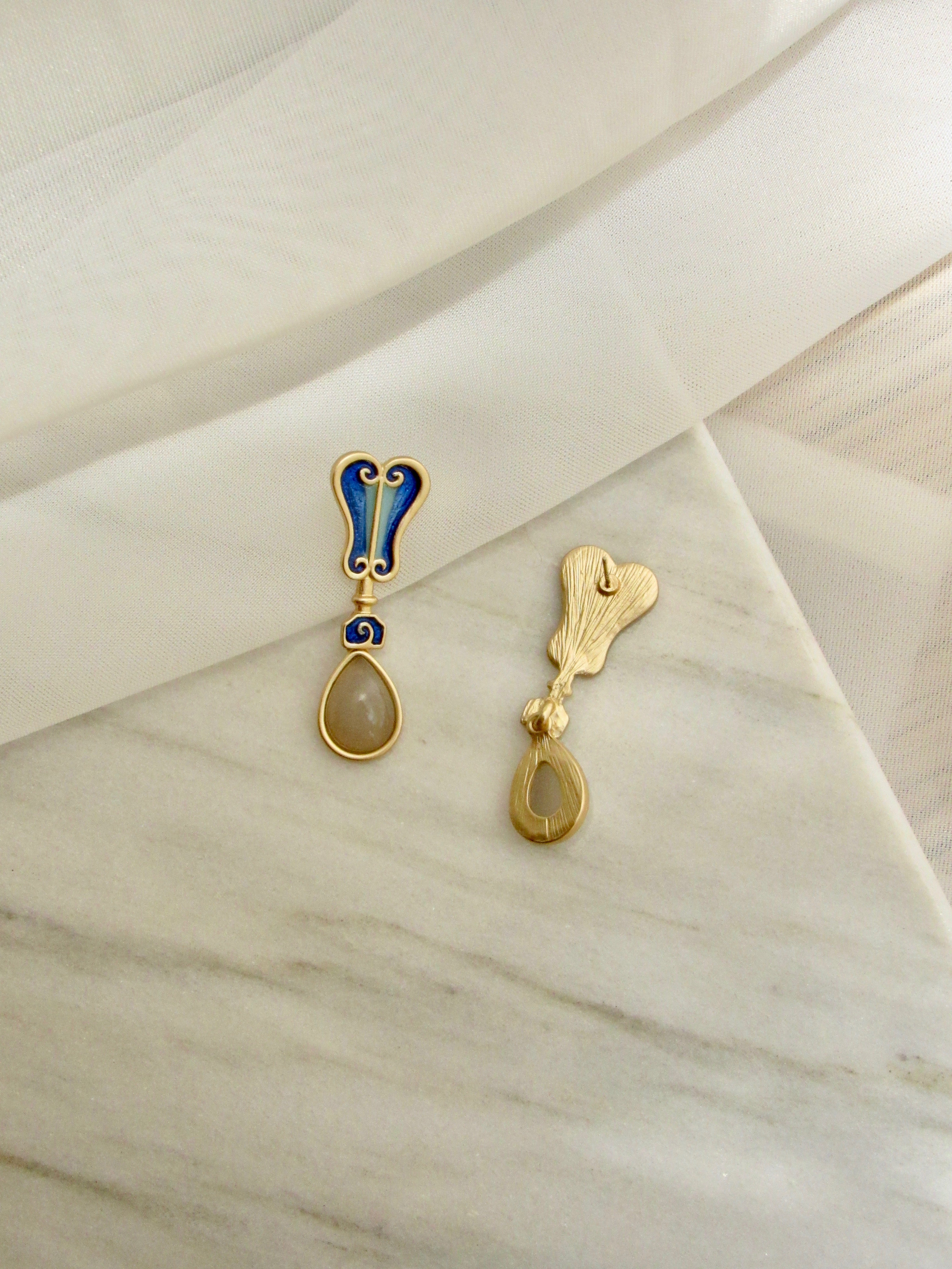 Ethnic Teardrop Gemstone Blue Enamel Gold Dangle Earrings