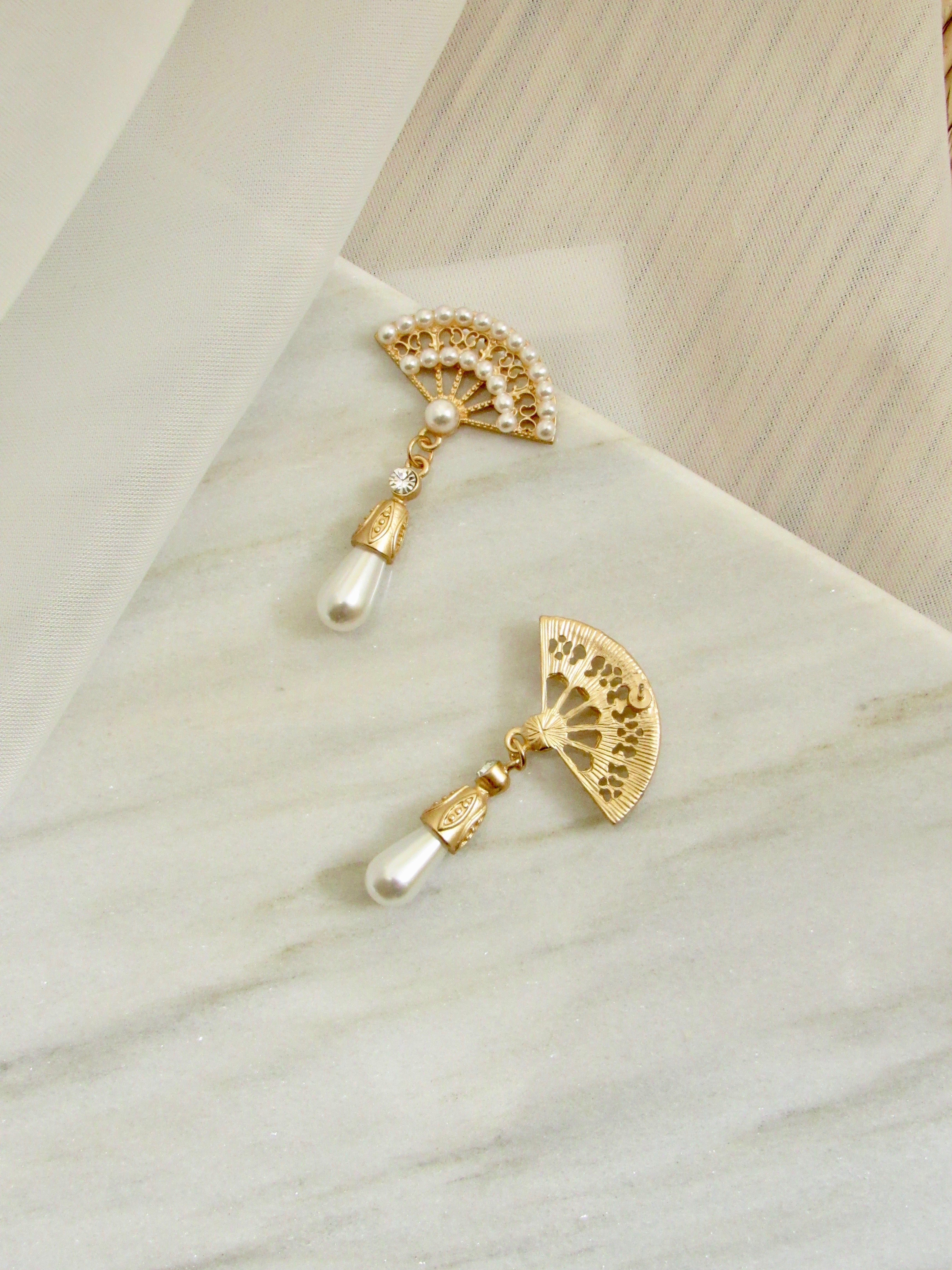 Fan Pearl Bead Gold Dangle Earrings