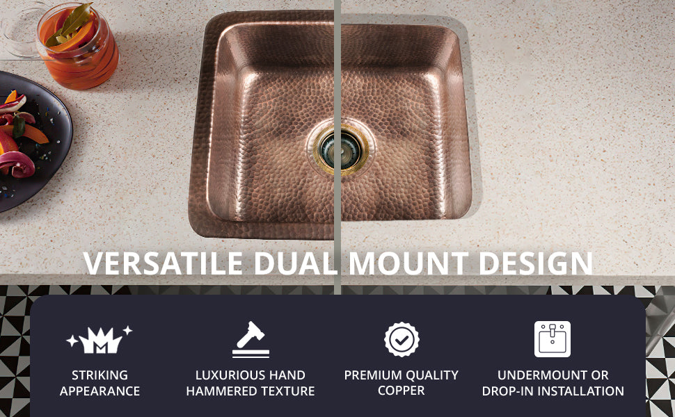 Monarch Abode Pure Hammered Copper Rectangle Undermount Overmount Dual Mount Kitchen Sink