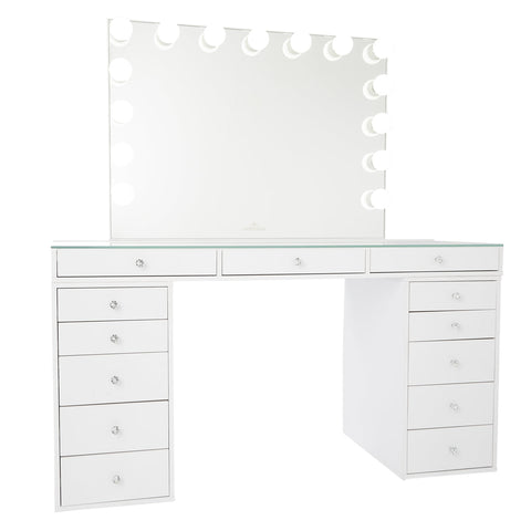 white vanity set with lighted mirror