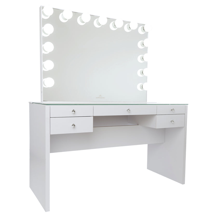 desk with mirror attached