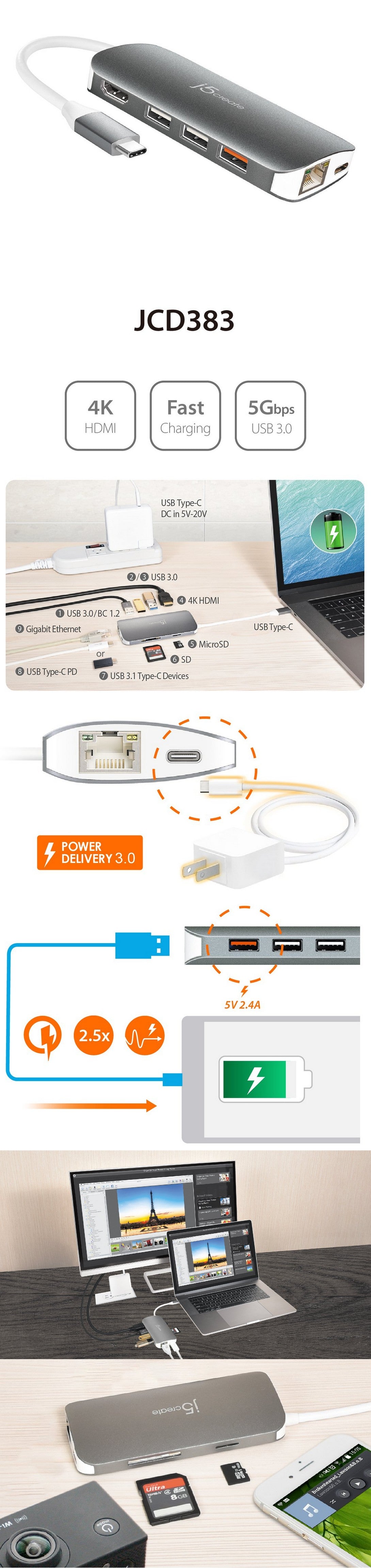 j5create JCD383 - 9in1 USB-C 轉接器 - HDMI/Ethernet/USB Hub/SD & MicroSD/PD 3.0