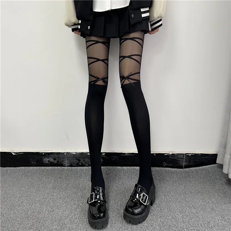 Kawaii Bowknot Strap Lolita Socks - Black / One Size
