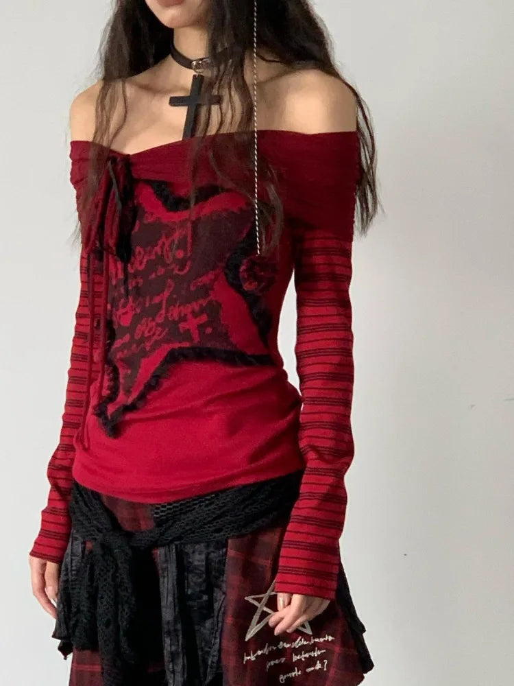 Grunge Goth Red off the shoulder Top - Red / S