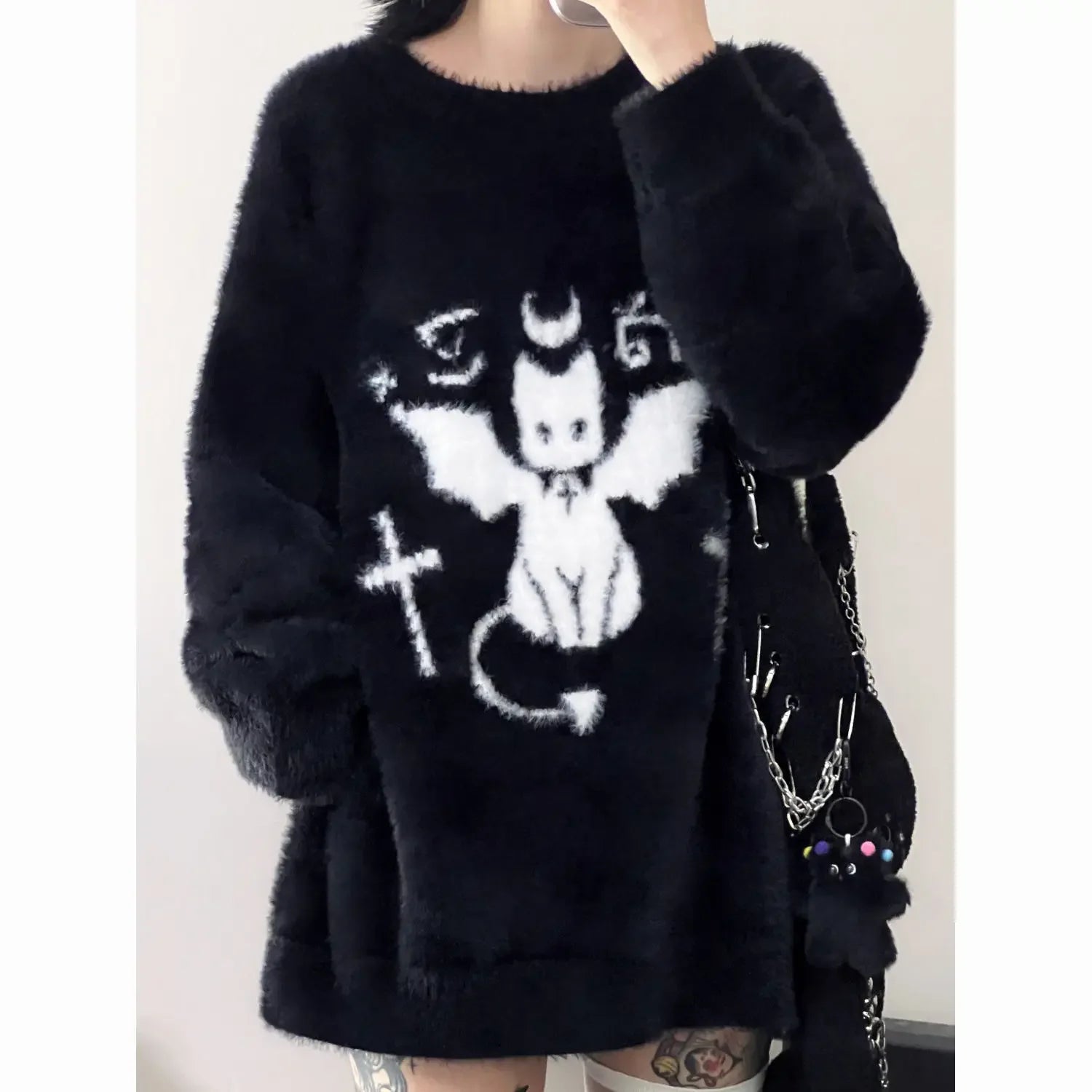 Black Grunge Cat Themed Long Sleeve Sweater - black / XXL
