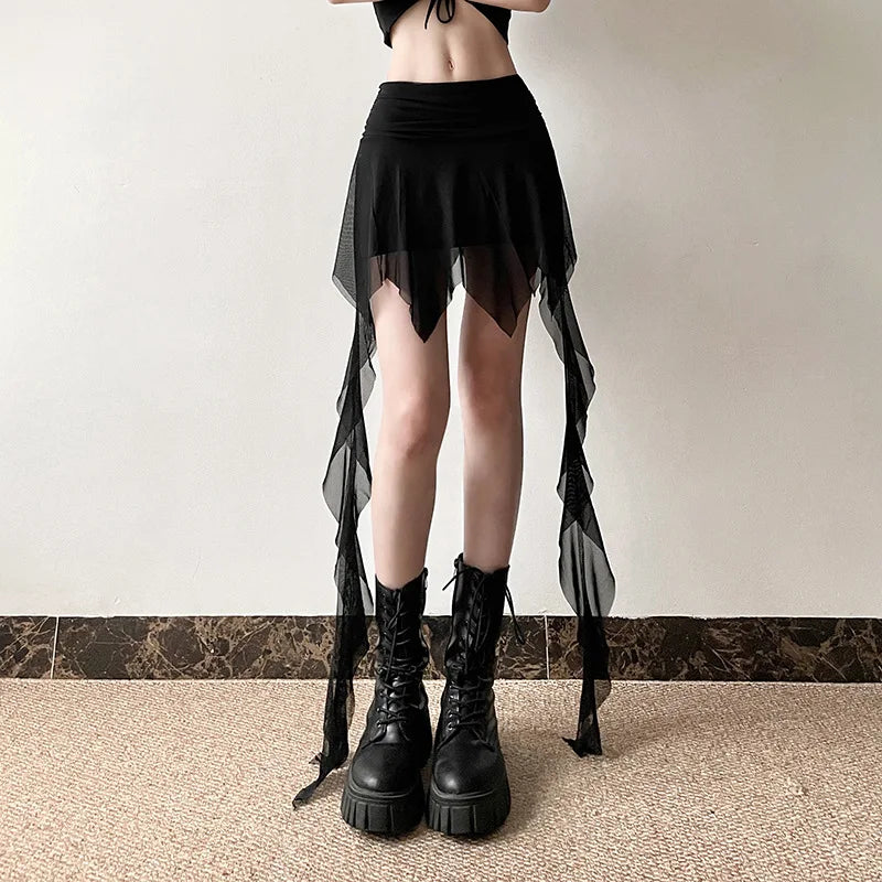 Goth 'Veil of Shadows' Black Mesh Tail Flowy Skirt - black / S