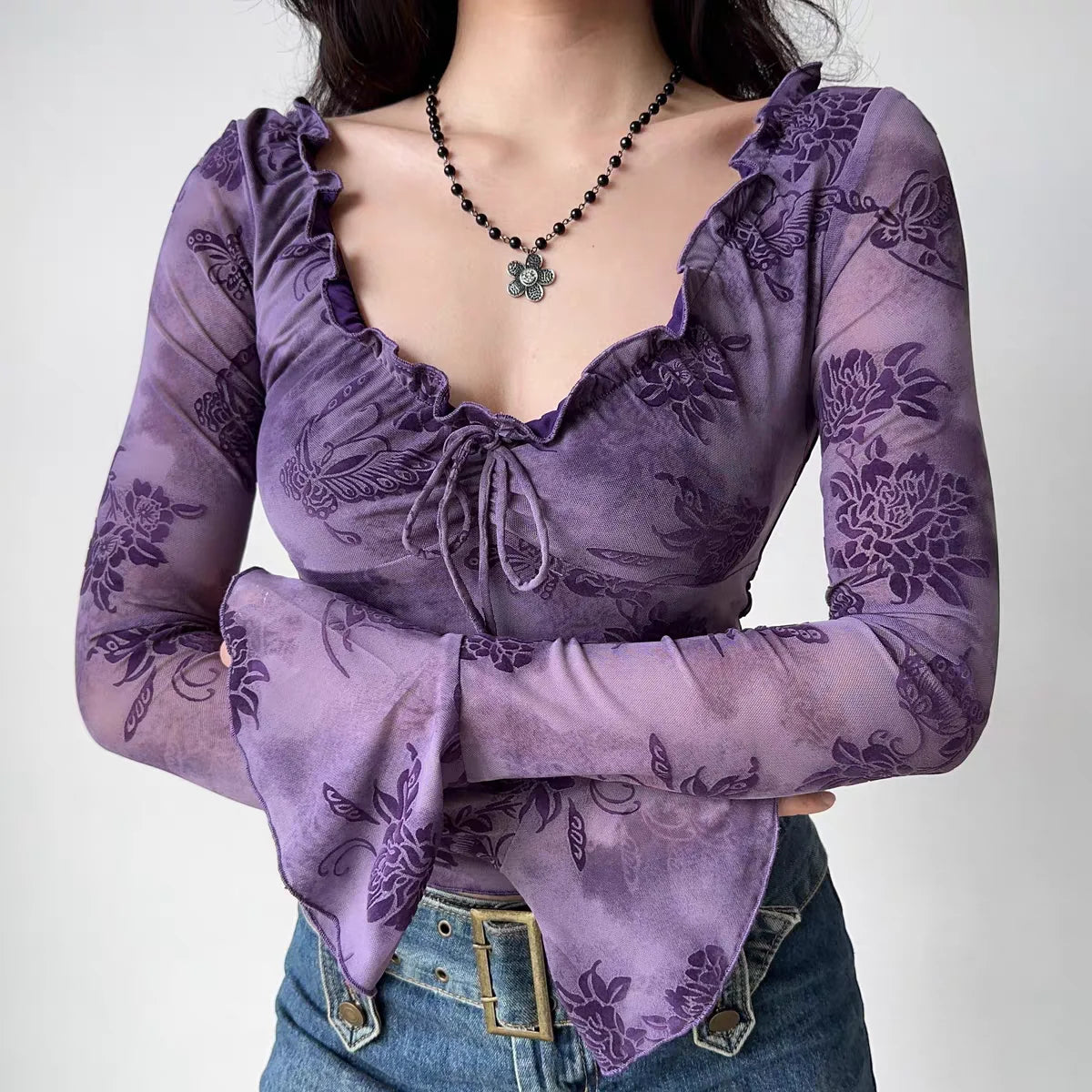 Goth 'Undead' Purple Slim Frilly Top - PURPLE / L