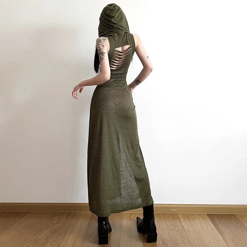 Gothic 'Veil of Shadows' Hooded Midaxi Split Dress in Black or Green - Army green / S