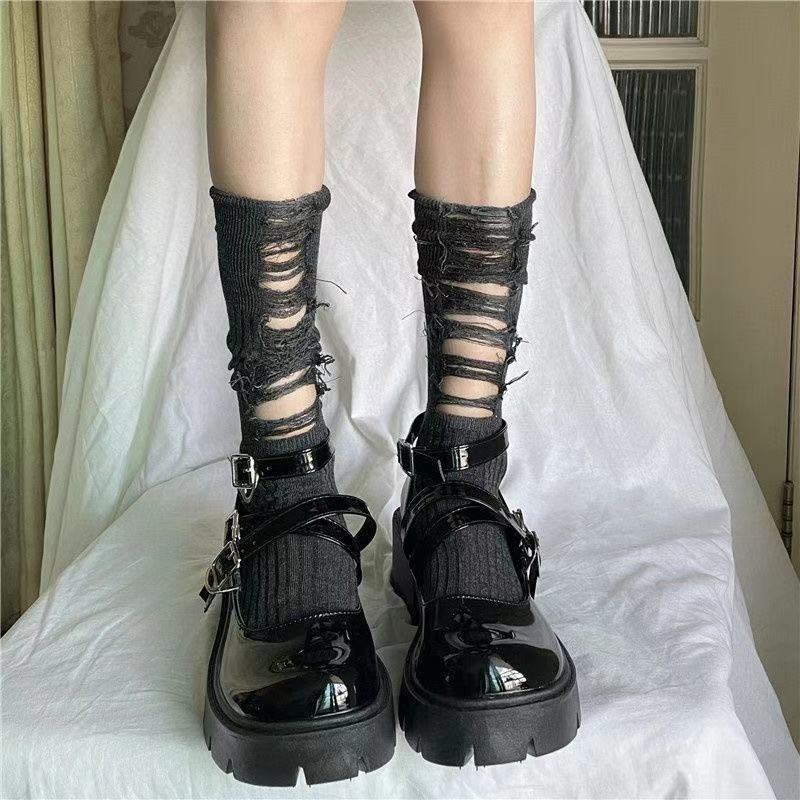 NightExperiment Woman Gothic Dark Style Black Three-Piece Set Knee Sock and  Fishnet Spliced Stockings Cosplay Accessories with T Shape Single Metal