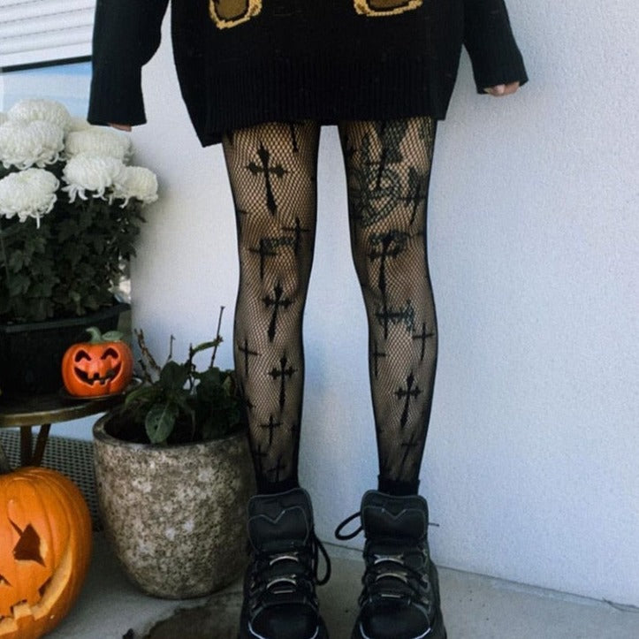 NancyBrandy Fishnet Trim Lace Up Gothic Punk Leggins Pants - Black