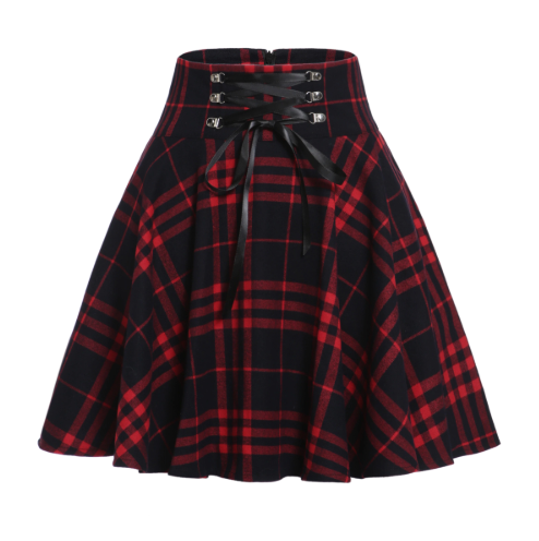 red plaid skirt with belt