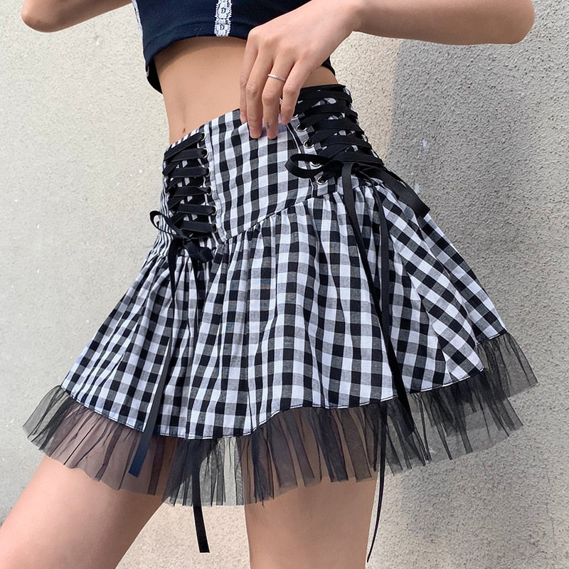 Deadly Delight' Black Grunge Skirt with White Stripes Black / Xs