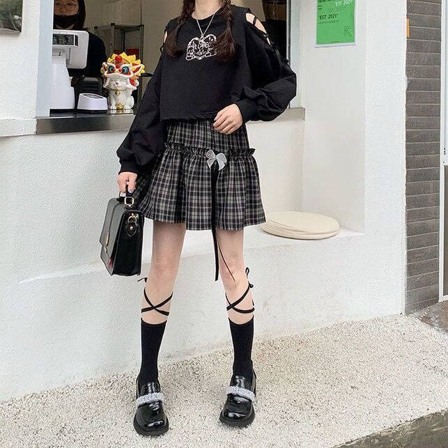 'Poltergeist' Grey and black plaid bow skirt at $29.99 USD l Rags n Rituals
