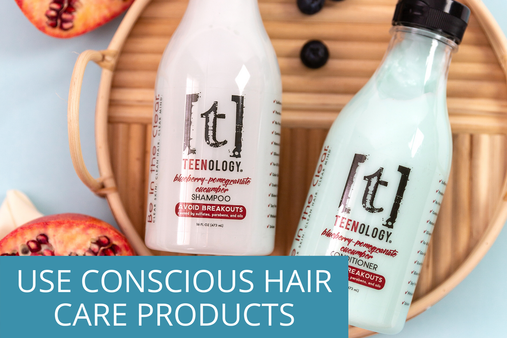 two TEENOLOGY shampoo bottles; conscious hair care products for healthy teenager hair. 
