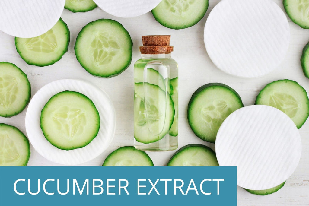 cucumber slices and a bottle of natural cucumber extract, which is found in the TEENOLOGY Blueberry-Pomegranate-Cucumber Shampoo