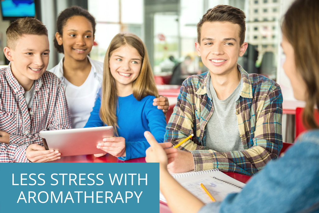 group of happy teens with the overlay text saying less stress with aromatherapy