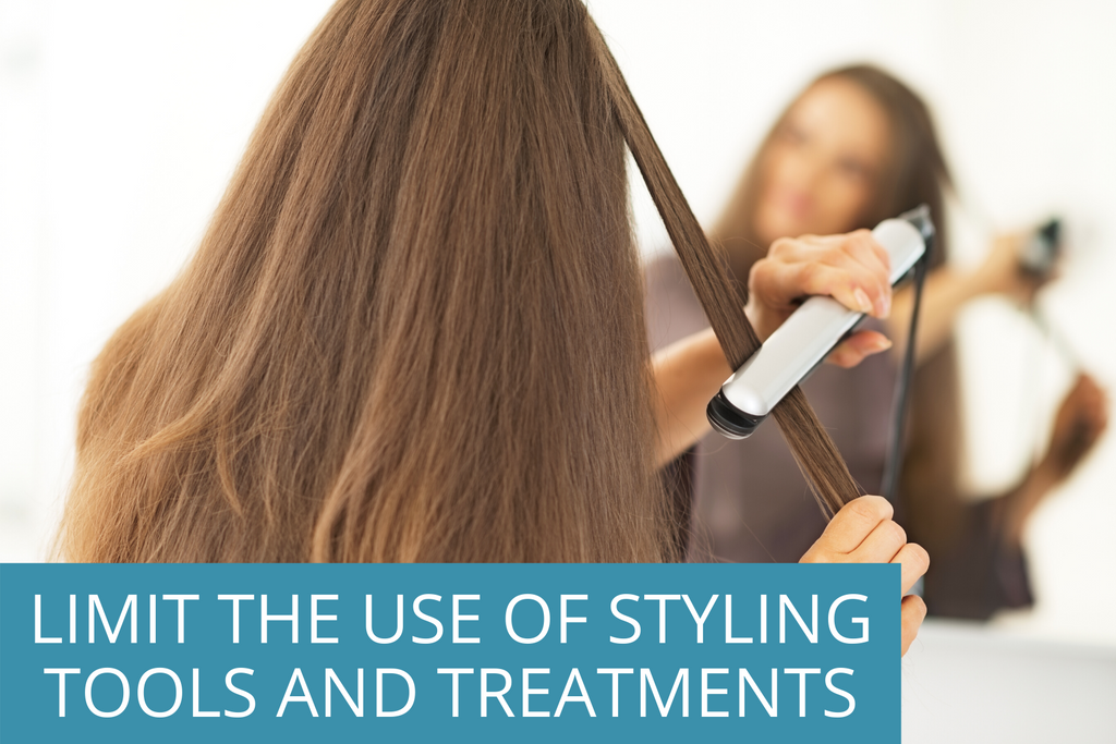 teenager styling her hair with a straightener, with the overlay text stating, "limit the use of styling tools and treatments."