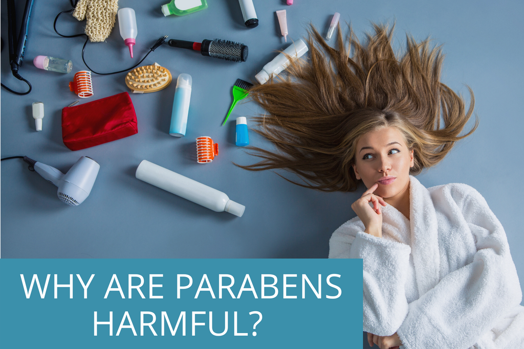 girl laying on the floor with shampoo and conditioner bottles around her head; text overlay states, "Why are parabens harmful?"