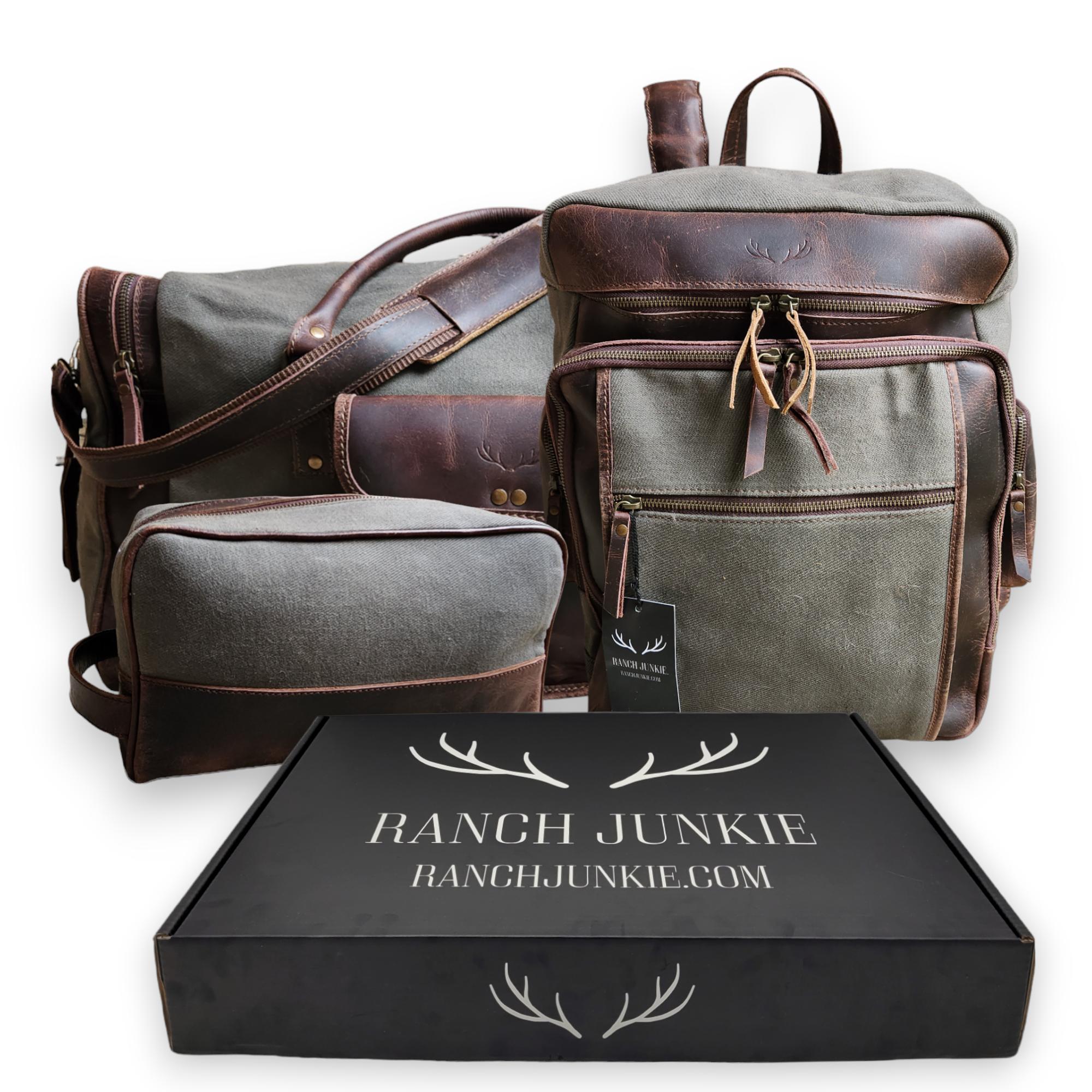 Mega Bundle Deal Canvas/Leather Drifter Duffel + Backpack + Toiletry Bag Army Green