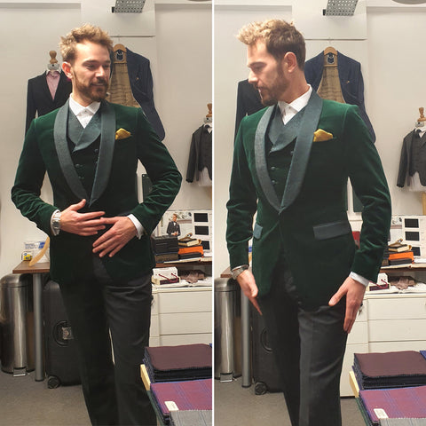 Green velvet suit for a funky wedding